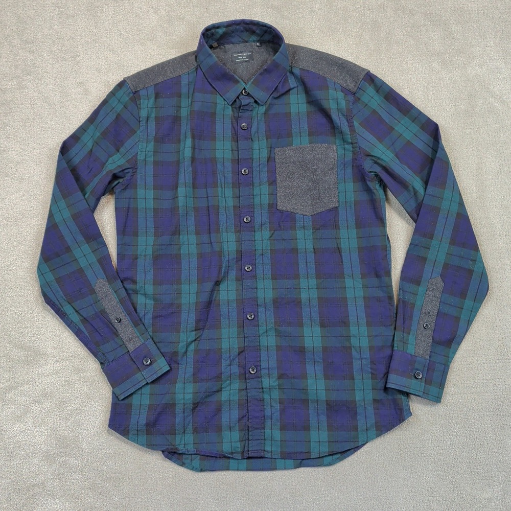 7 Diamonds Shirt Men Small Blue Green Plaid Contrast Panel Long Sleeve Button Up